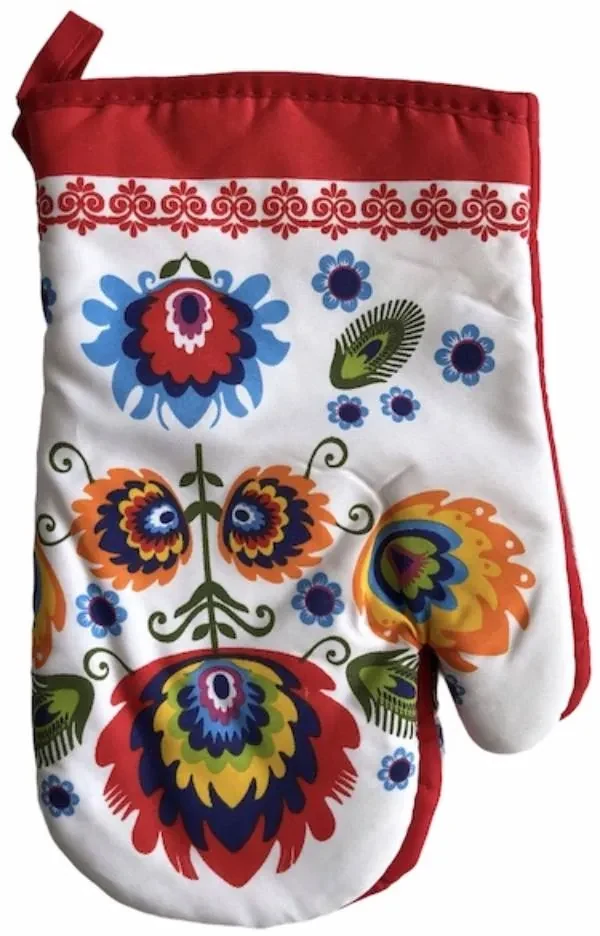 Kuchynská rukavica FOLK II, červeno-biela s ornamentami - sada 2ks