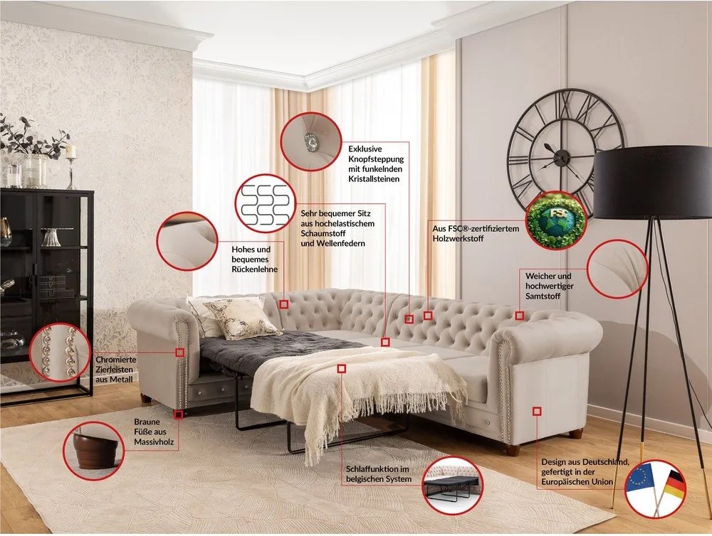 Béžová zamatová rozkladacia rohová pohovka (ľavý roh/do L) York Blik – Ropez