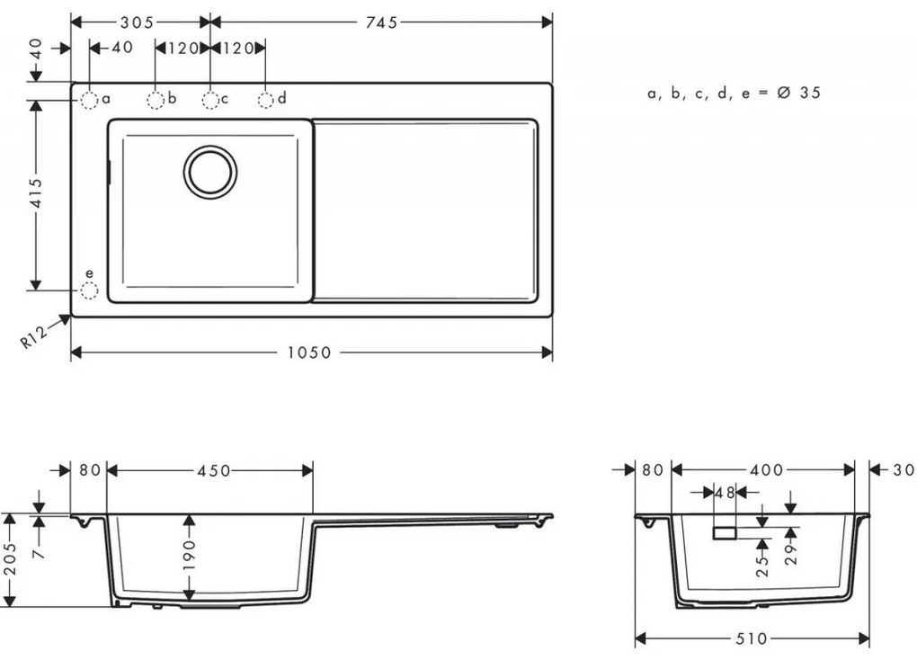 Hansgrohe S51 - Vstavaný drez 450 s odkvapkávacou plochou, čierny grafit 43330170