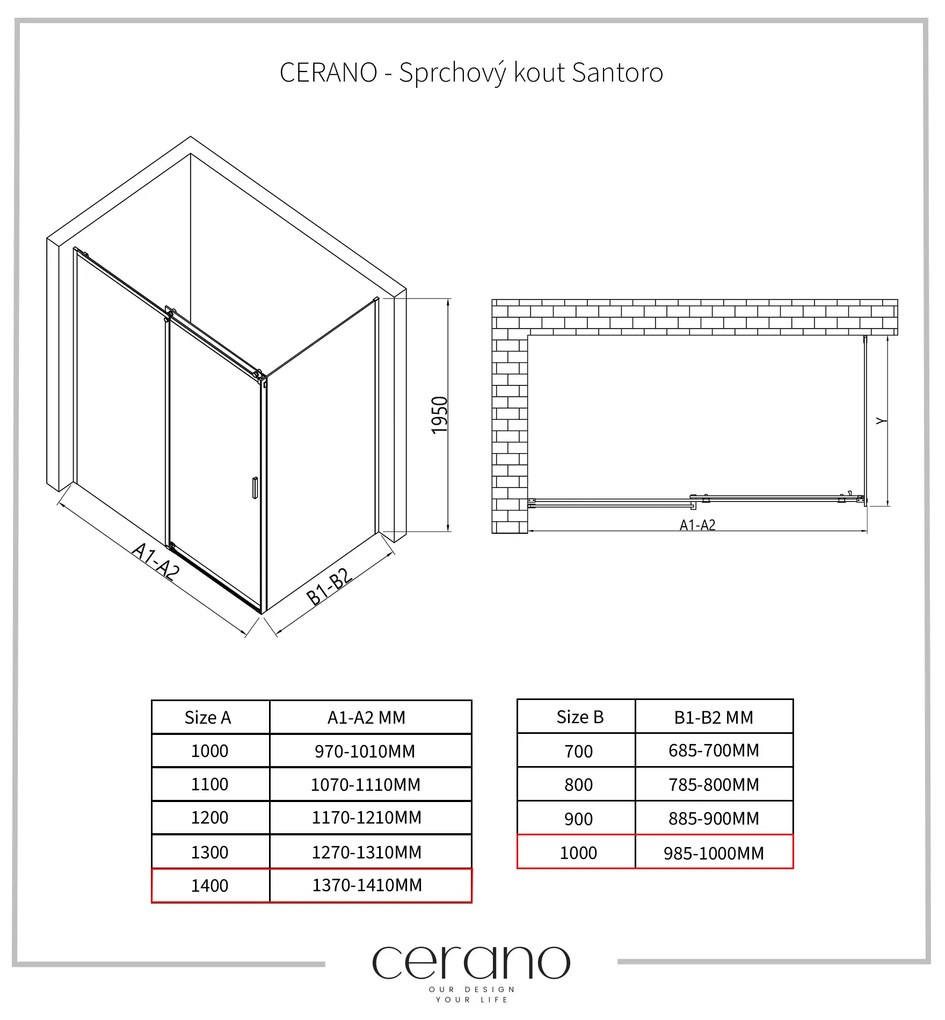 Cerano Santoro, sprchový kút s posuvnými dverami 140(dvere) x 100(stena) x 195 cm, 6mm číre sklo, čierny profil, CER-CER-431527
