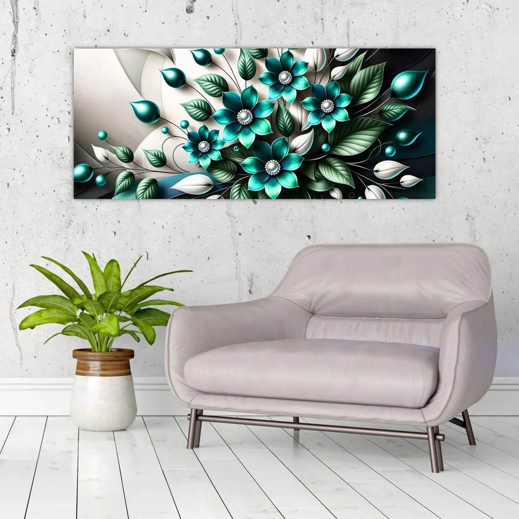 Obraz - 3D tyrkysové kvety (120x50 cm)