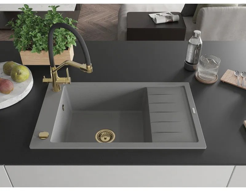 Mexen Elias, 1-komorový granitový drez 795x480x200 mm a drezová batéria Duo, šedá, 6511-71-671701-57-G