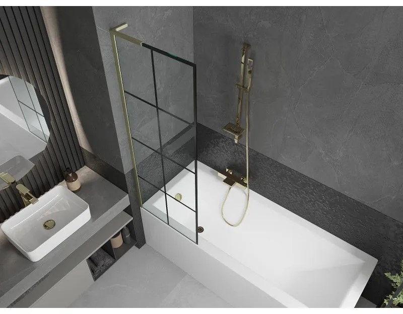 Mexen Next L, 1-krídlová vaňová zástena 60 x 150 cm, 6mm číre sklo-čierny vzor, zlatý matný profil, 895-060-000-03-77-55