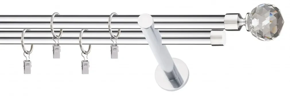 Dekorstudio Chrómová dvojradová garniža CRYSTAL 19mm Dĺžka: 160cm, Typ uchytenia: Držiak dvojitý modern, Typ príslušenstva: Krúžky tiché so štipcami