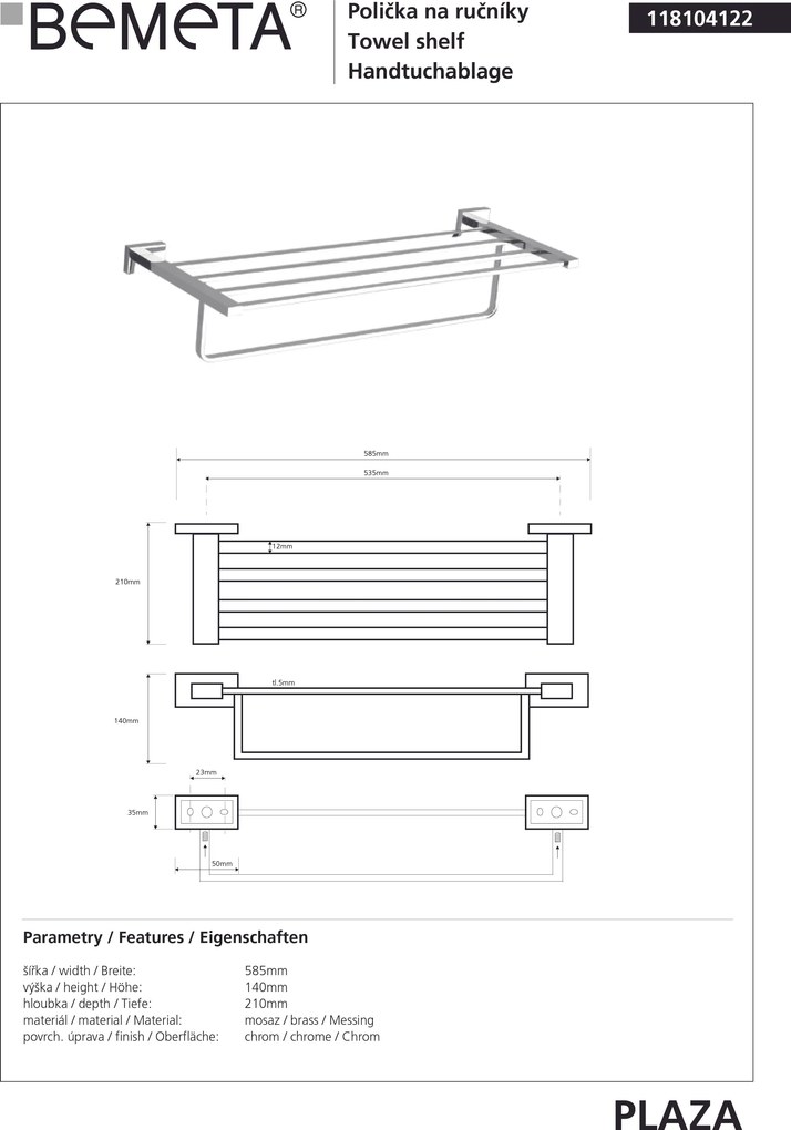 Bemeta Design PLAZA: Držiak uterákov, 535 mm, s hrazdou - 118104122