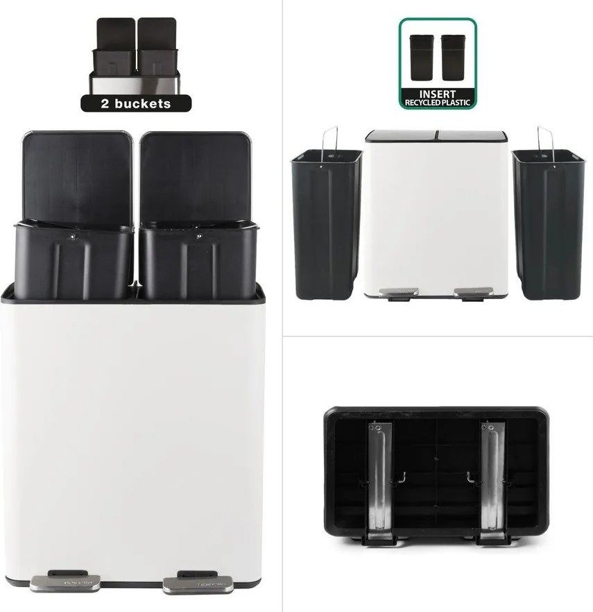 Matne biely oceľový odpadkový kôš 2x20 l na triedený odpad/nášľapný Aliya – Spirella