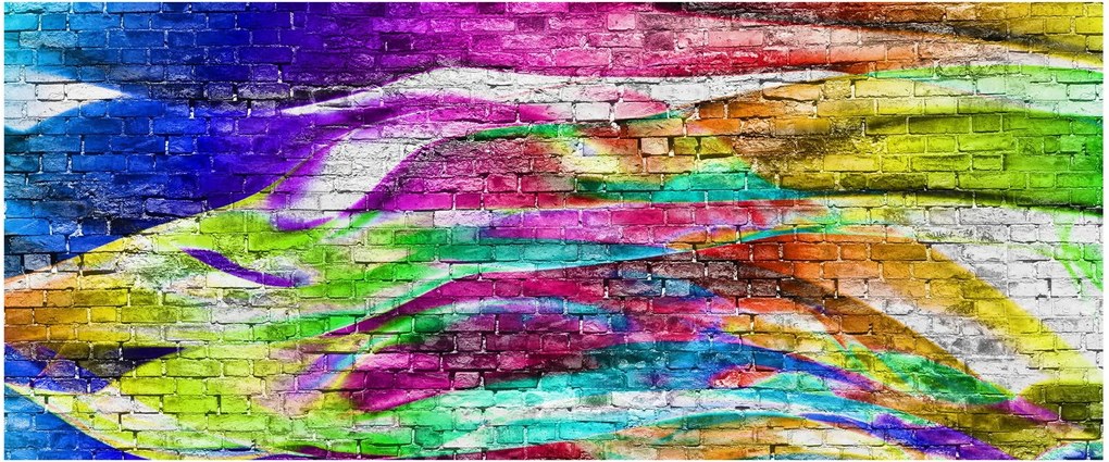 Obraz - Tehlový múr s farebnými plameňmi (120x50 cm)