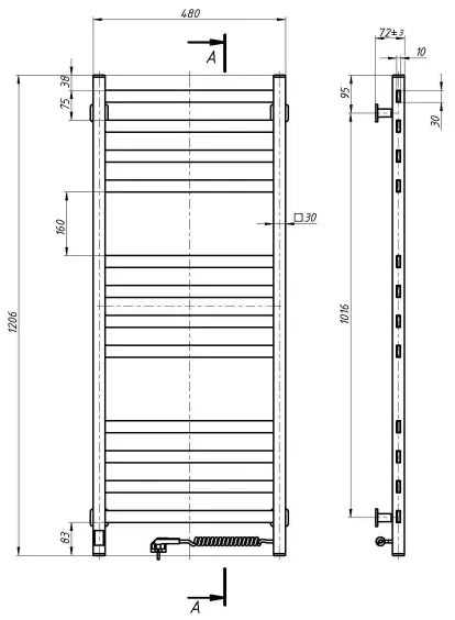Kúpeľňový rebríkový radiátor s termostatom AVANGARD 459W/230V 120,6cm IP44 biely pravostranný