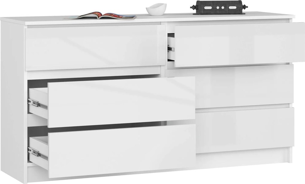 Komoda Kuba 140 cm 6 zásuviek biela lesklá