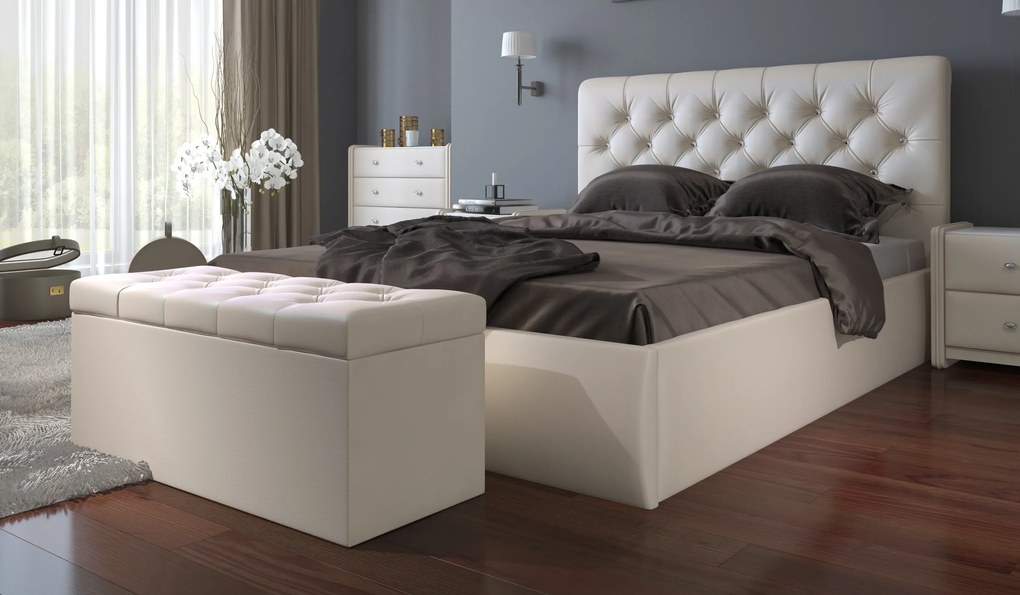 Sofos Čalúnená posteľ BEATRICE 160x200 cm, biela-mliečna, s úložným priestorom