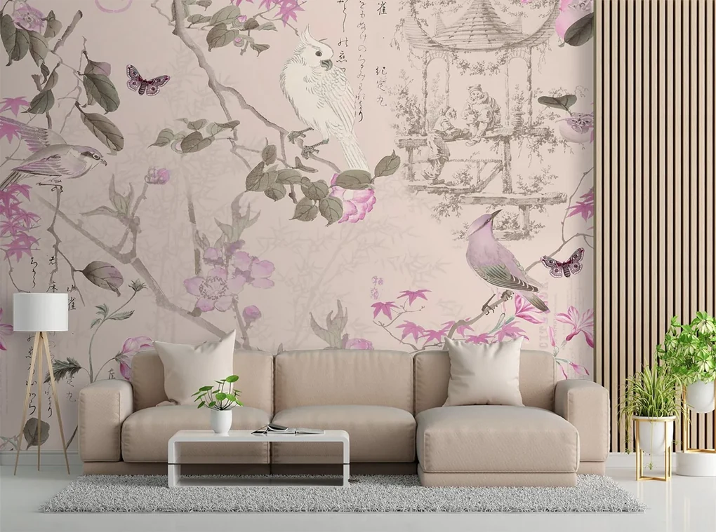 Gario Fototapeta Vtáky a ružové kvety - Andrea Haase Materiál: Vliesová, Rozmery: 350 x 245 cm