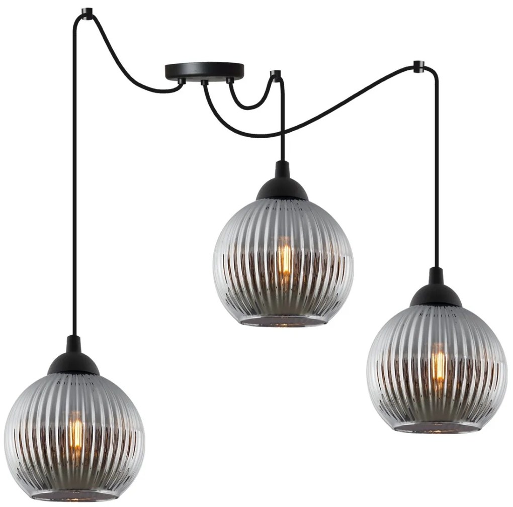 Závesné svietidlo Riffle Round Spider, 3x grafitové sklenené tienidlo