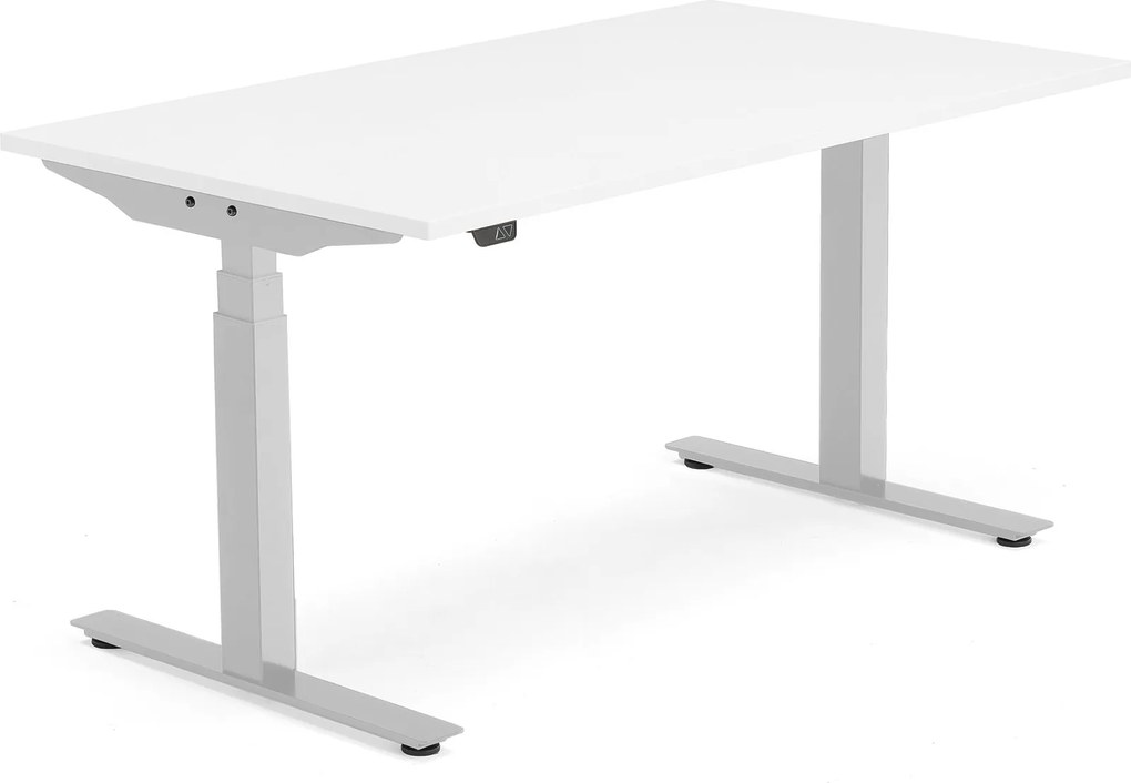 Výškovo nastaviteľný stôl Modulus, T-rám, 1400x800 mm, biela/strieborná