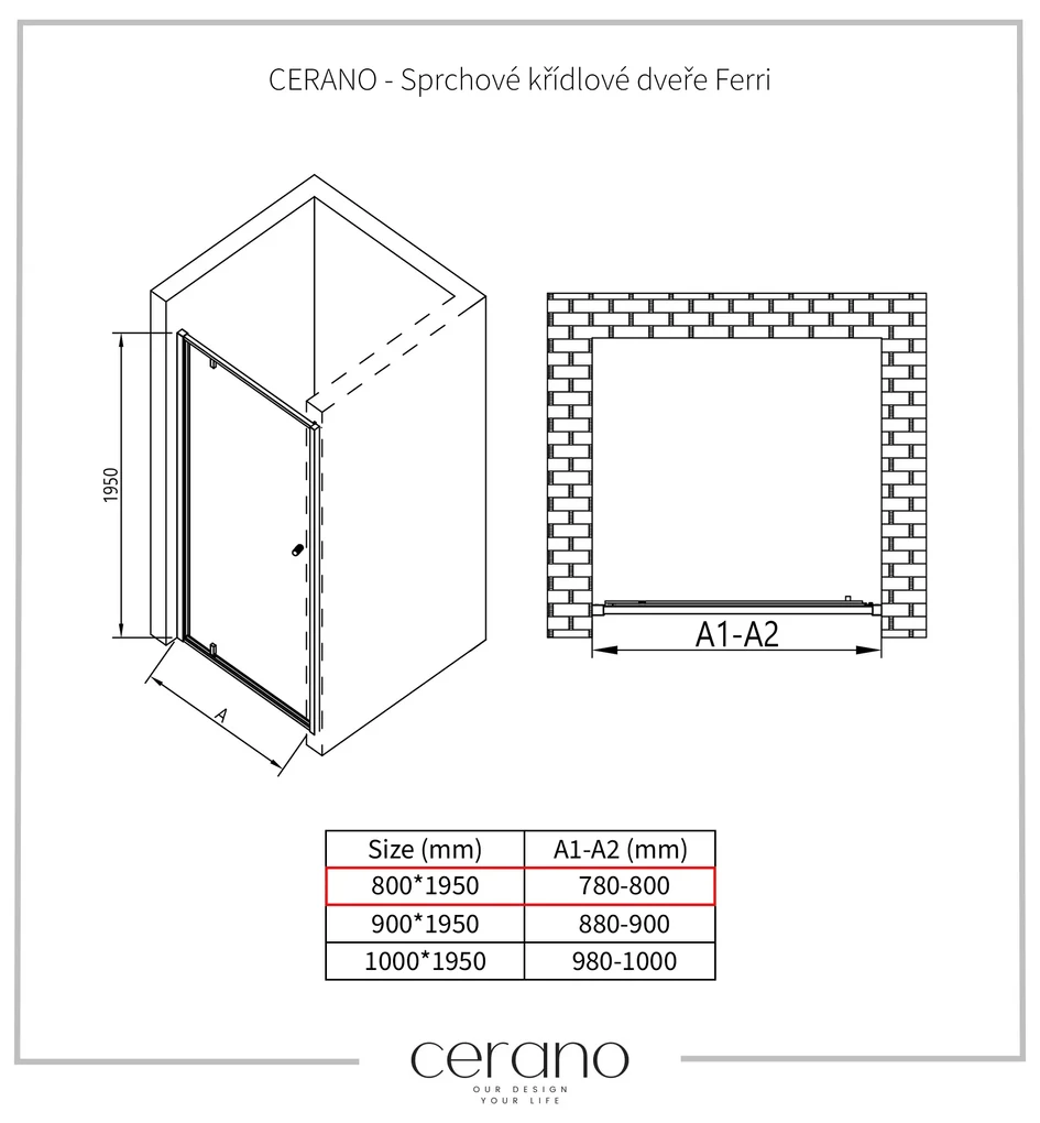 Cerano Ferri, 1-krídlové sprchové dvere 80x195 cm, 6mm číre sklo, čierny profil, CER-CER-425632