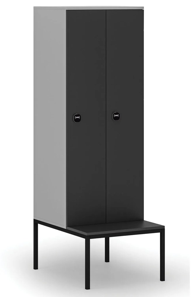 Drevená šatníková skrinka s lavičkou, 2 oddiely, 1871 x 600 x 500/800 mm, RFID zámok, sivá/grafit