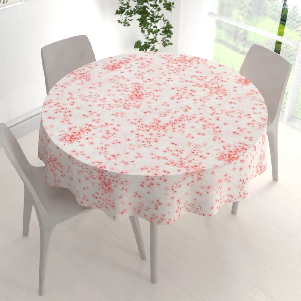 Biante Bavlnený okrúhly obrus Sandra SA-633 Ružové čerešňové kvety na bielom Ø 70 cm