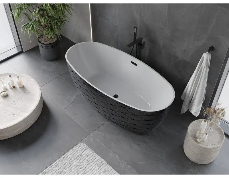 Mexen Olea, voľne stojaca vaňa, vzor, 170 × 80 cm, biela-čierna, čierny prepad, 52821708075-70