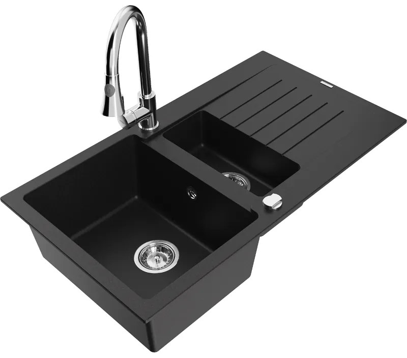 Mexen Matias, 1,5-komorový granitový drez 900x505x200 mm a drezová batéria Elia, čierna, 6502-77-670101-00