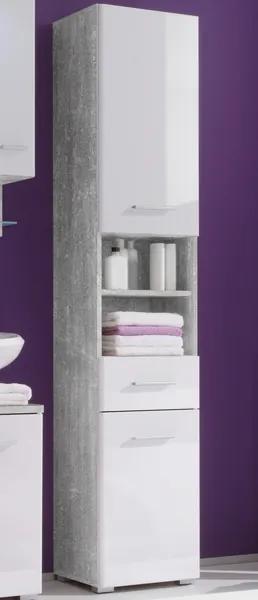 Kúpeľňová vysoká skrinka Barolo, šedý beton/lesklá biela