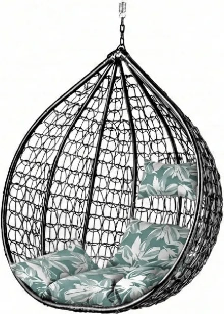 Čierne závesné kreslo KOKON bez stojana, zeleno-biely vankúš