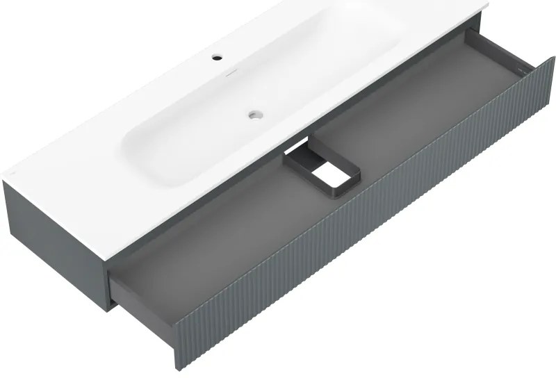 Mexen Rivel, kúpeľňová skrinka 160 cm s umývadlom Vela, 1 zásuvka, drážkovaná, grafitová matná/biela matná, 91A20-16023-1-BF66-W23M0