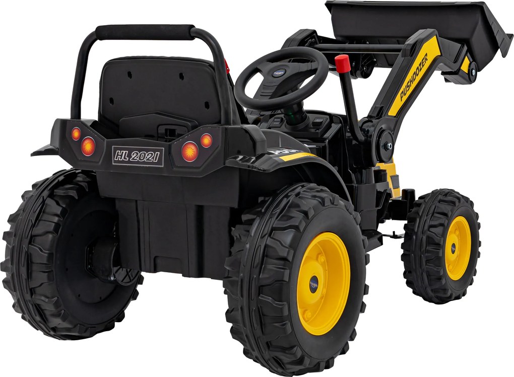 Ramiz Detský traktor na batérie žltý + pohyblivé rameno s lyžicou + diaľkové ovládanie + pomalý štart + FM rádio + LED