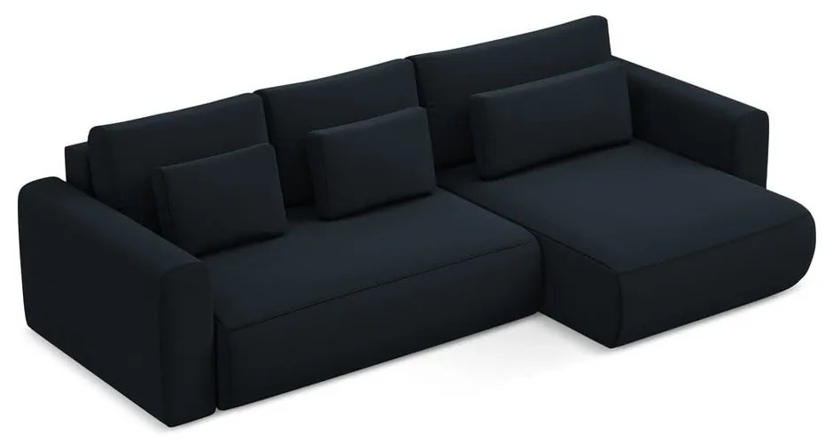 Tmavomodrá zamatová rozkladacia/s úložným priestorom rohová pohovka (pravý roh/s leňoškou) Kapua – Makamii