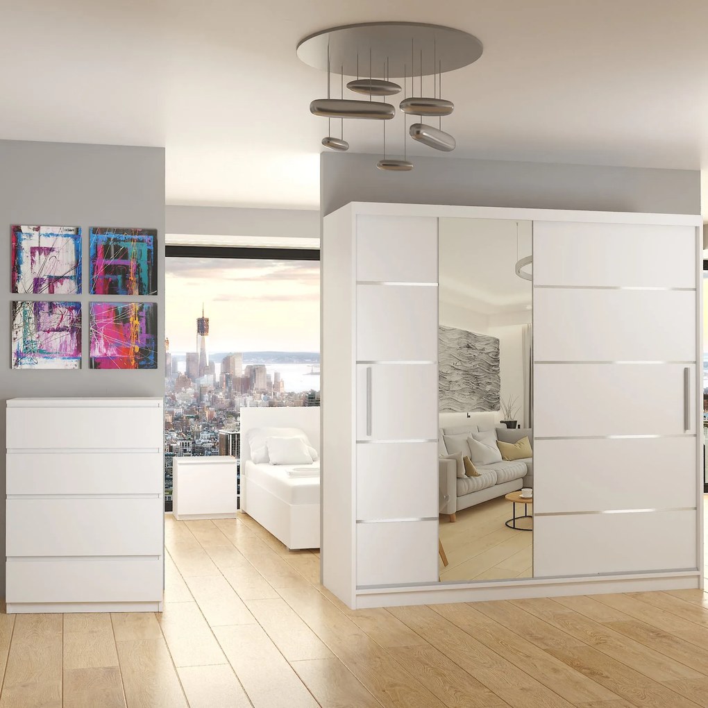 Šatníková skriňa 200 cm Belini biely mat s posuvnými dverami zrkadlom a zásuvkami MBP SZP5/1/W/W/0/KLAL