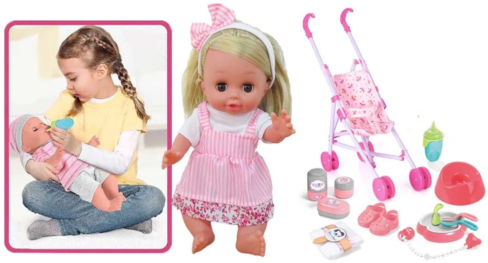 Hovoriaca bábika s kočíkom a doplnkami