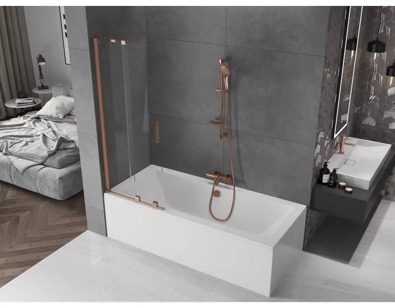 Mexen Velar, 2-krídlová posuvná vaňová zástena 75 x 150 cm, 8mm číre sklo, medená matná, 896-075-000-01-65