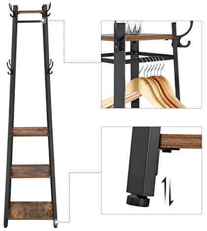 Vešiak na kabáty, 4 police, 8 háčikov, industriálny, 181x45x45cm