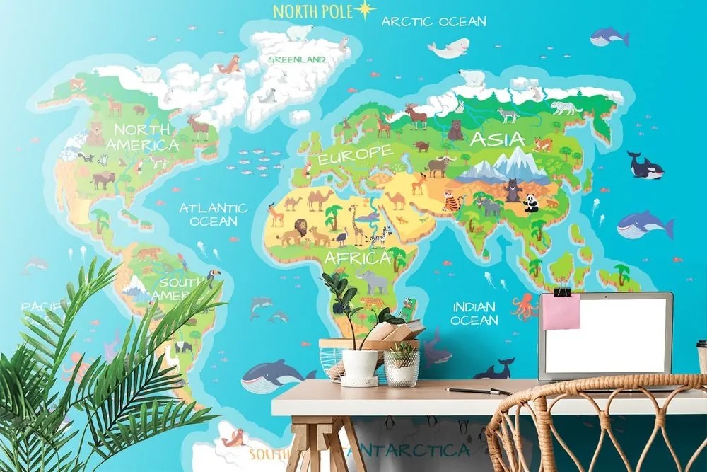 Samolepiaca tapeta zemepisná mapa sveta pre deti - 375x250
