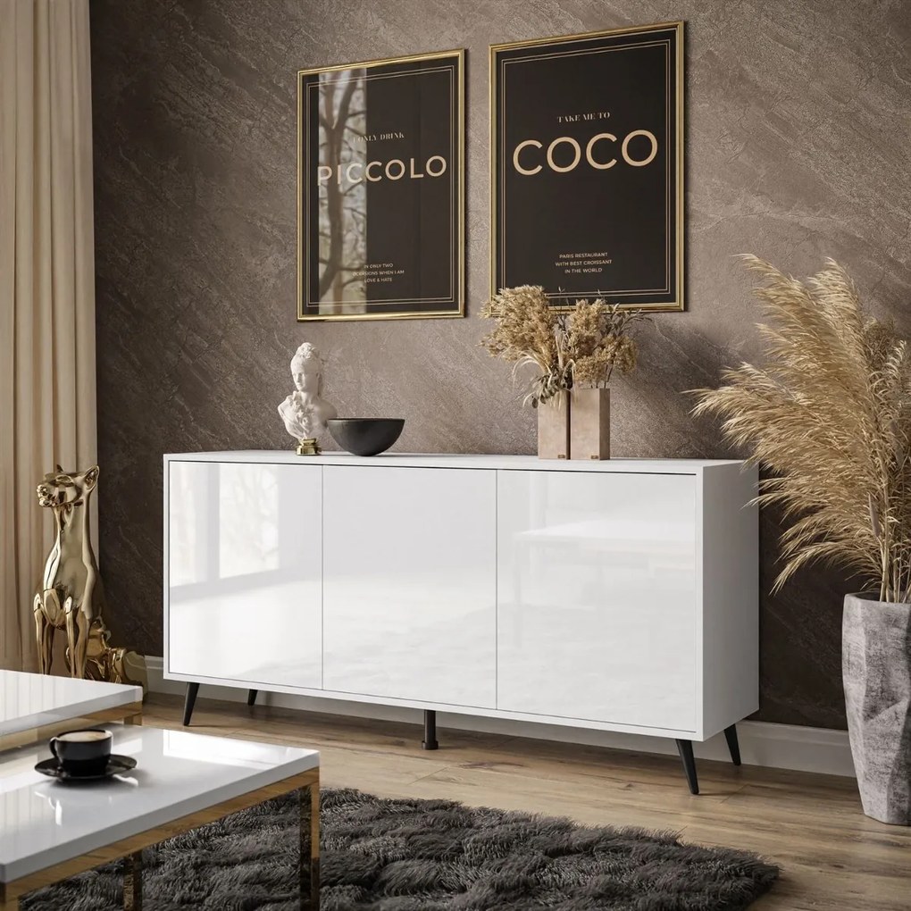 KOMODA ALWIN BIELA VYSOKÝ LESK 153cm ČIERNE NOŽIČKY