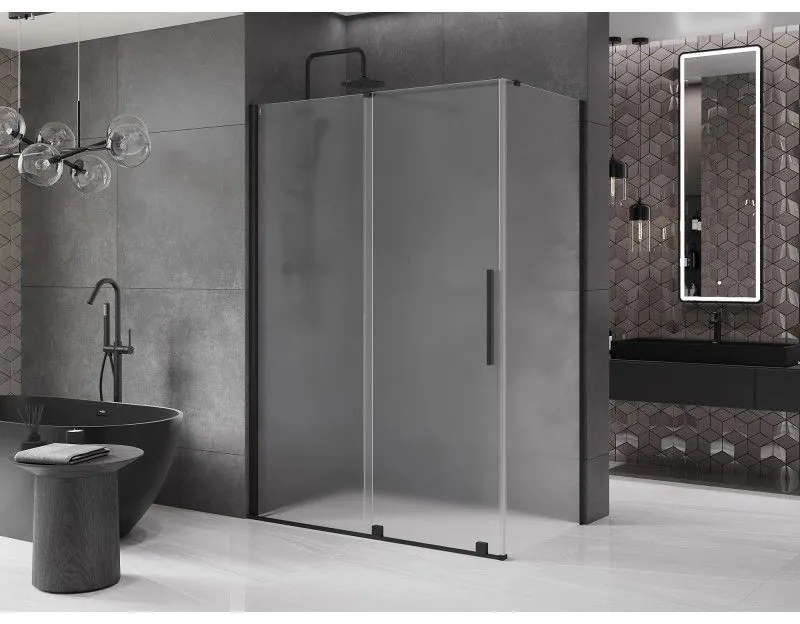 Mexen Velar, sprchový kút s posuvnými dverami 140 x 80 cm, 8mm sklo námraza, čierna matná, 871-140-080-31-70