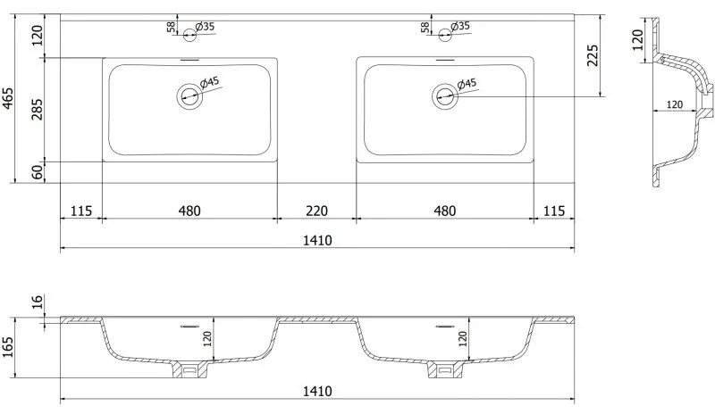 Mexen Otis, dvojité umývadlo zapustené do dosky 141 × 46,5 cm, čierna matná, 25181471D