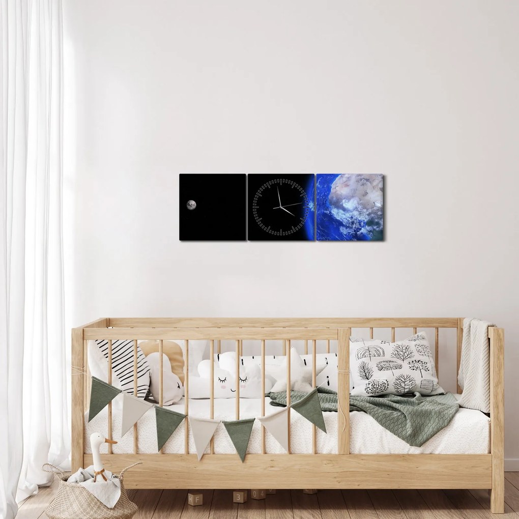 Obraz Mesiaca a Zeme (s hodinami) (90x30 cm)