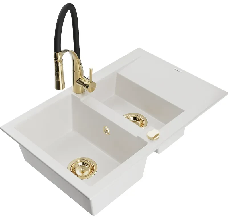 Mexen Gaspar, 1,5-komorový granitový drez 737x475x177 mm a drezová batéria Aster, biela, 6507-20-73450-57-G