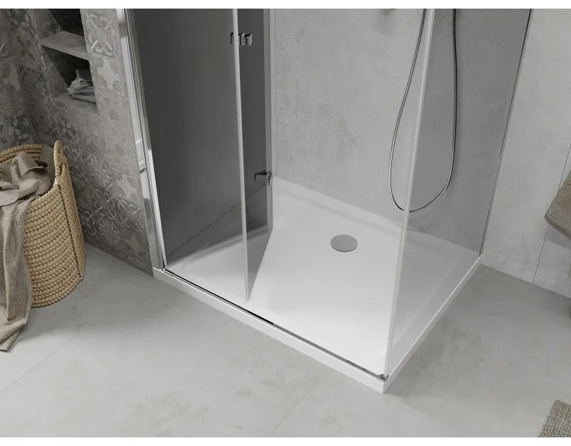 Mexen Lima, sprchový kút so skladacími dverami 90 (dvere) x 80 (stena) cm, 6mm šedé sklo, chrómový profil + slim sprchová vanička biela + chrómový sifón, 856-090-080-01-40-4010