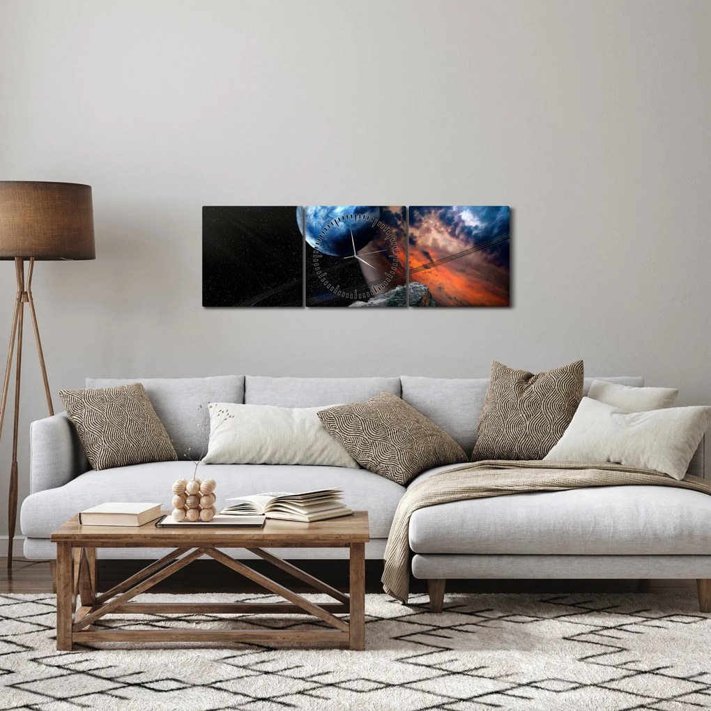 Obraz planéty vo vesmíre (s hodinami) (90x30 cm)