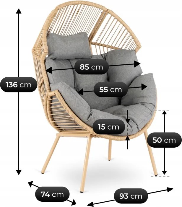 Kreslo CEZARE Boho Cocoon do obývačky, ratan, sivé