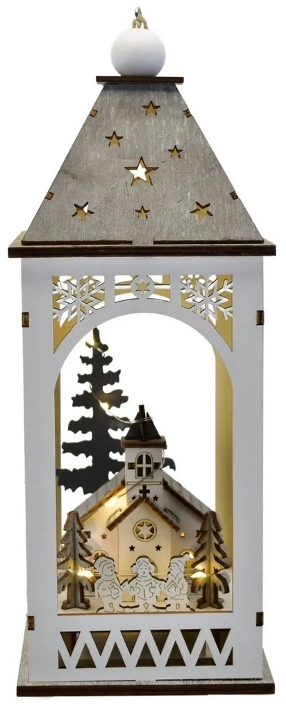 Drevený lampáš s vianočným motívom a LED osvetlením, 11 x 29 cm, teplá biela