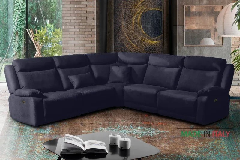 Kožená sedacia súprava CONTINENTAL rohová s funkciou relax, elektrické, tm. modrá (navy 325)