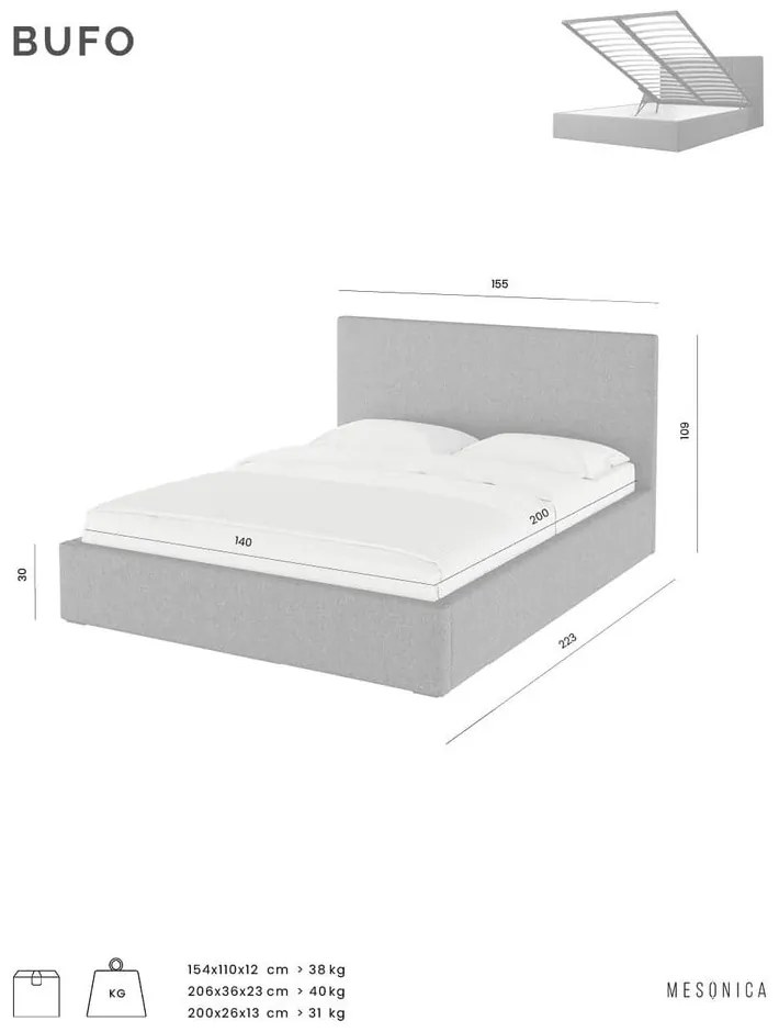 Béžová čalúnená dvojlôžková posteľ s úložným priestorom s roštom 180x200 cm Bufo - MESONICA