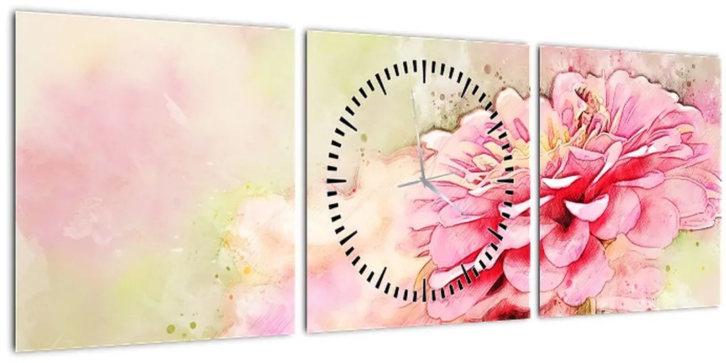 Obraz - Ružový kvet, aquarel (s hodinami) (90x30 cm)
