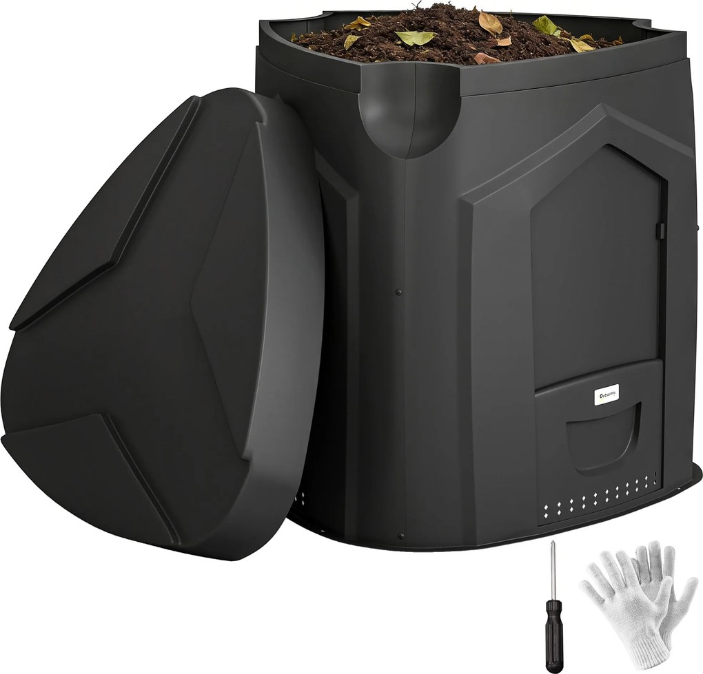Kompostér Outsunny, 240 l, 78 x 75 x 78 cm, trojuholníkový s 3 dvierkami, 66 vetracími otvormi a otvoreným dnom — vrátane rukavíc a skrutkovača | Aoso