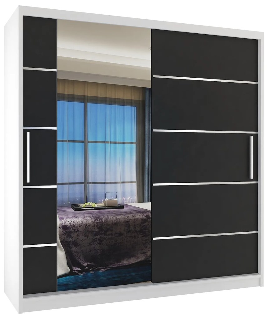 Šatníková skriňa 158 cm Belini biely mat / čierny mat s posuvnými dverami zrkadlom a zásuvkami  MBP SZP7/0/W/B/0/KLAL