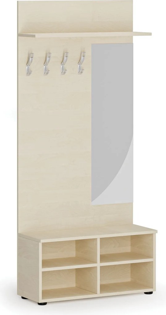 Vešiaková stena s botníkom a zrkadlom HORIZONT, 4 háčiky, polica, roky vodorovne, breza