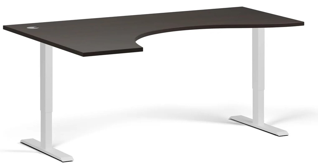 Ergonomický výškovo nastaviteľný stôl, 180x120 cm, 2 motory, L/P, biela podnož, wenge