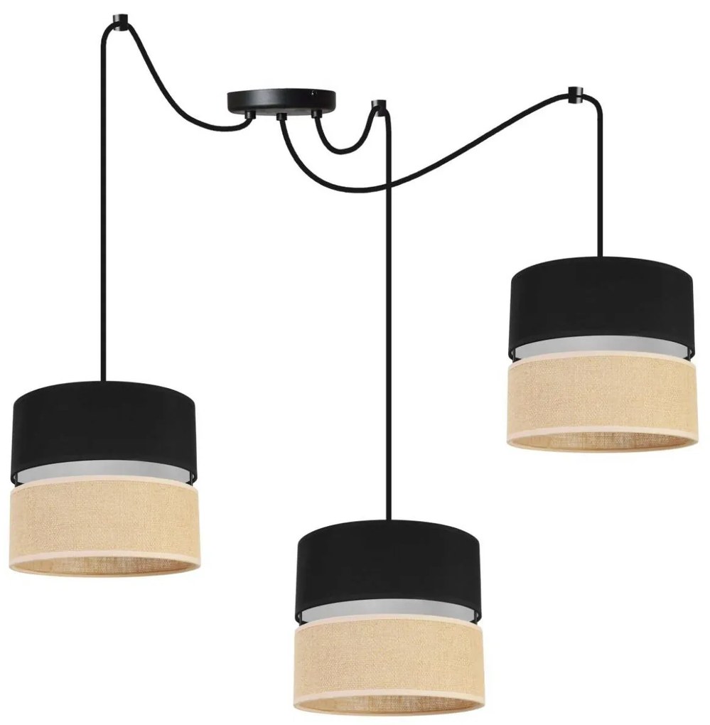 Závesné svietidlo Juta Spider, 3x jutové/čierne textilné tienidlo, b