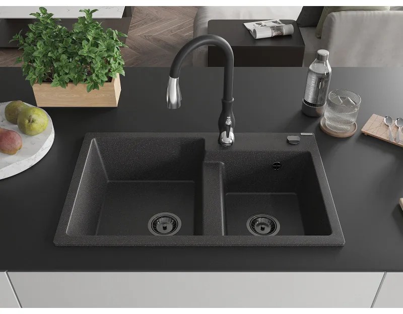 Mexen Tomas, granitový drez 800x500x190 mm, 2-komorový a drezová batéria Savita, čierna škvrnitá, 6516-76-672601-70-B